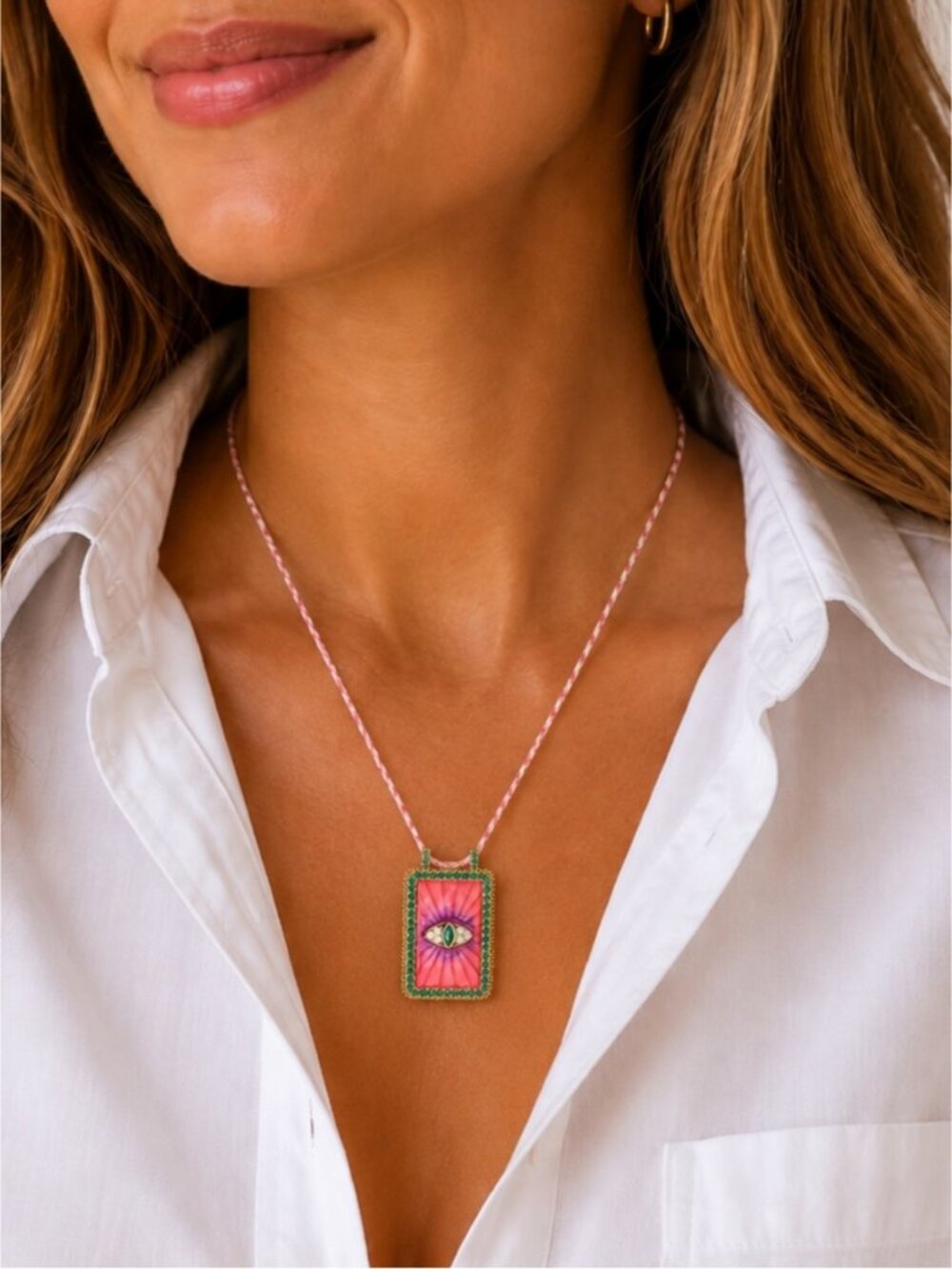 New! Trendy Gold Pink Evil Eye Tarot Card Necklace NWOT